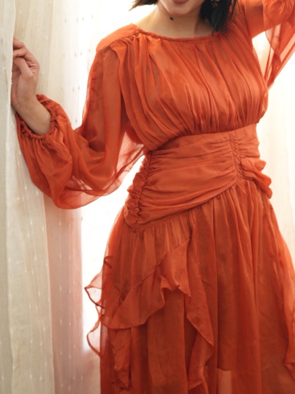 Gathered Waist Rust-Orange Midi Dress with Sheer Sleeves
